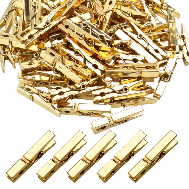 Aylifu Mini Plastic Clips, 100 Pieces Utility Photo Clips Paper Peg Clothes Line Clips - 3.5 x 0.5 x 0.7cm, Gold - Image 1